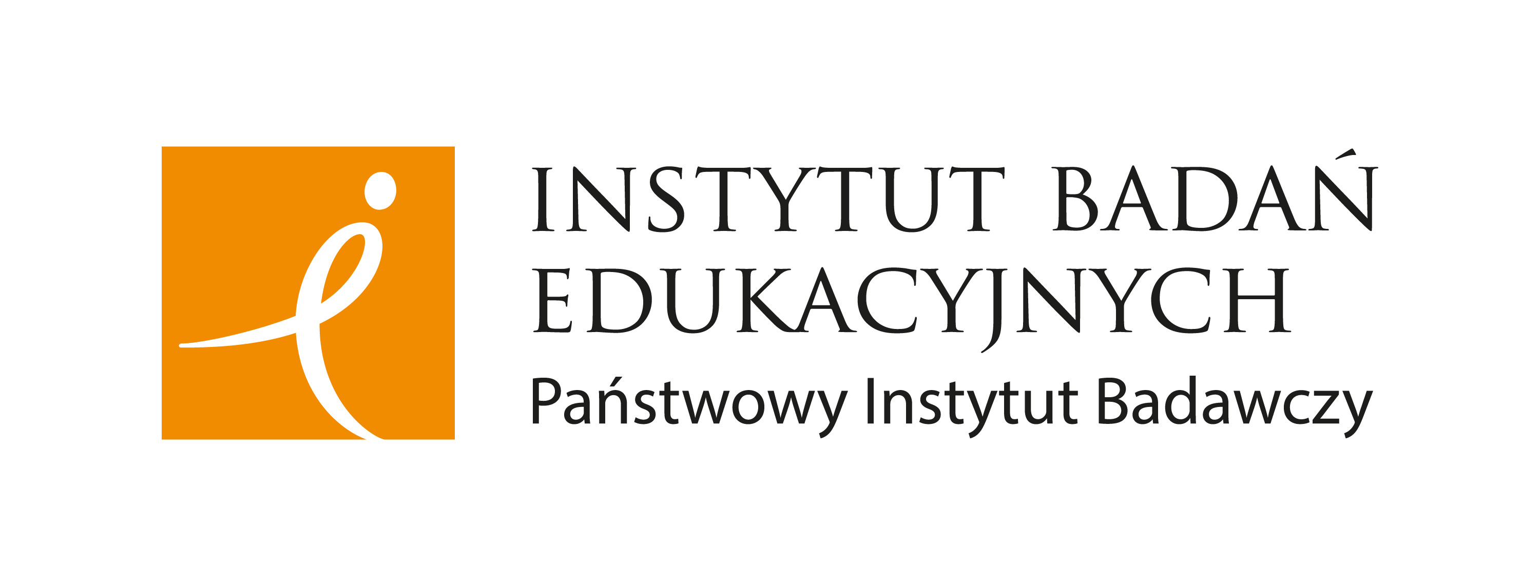 Logotyp Instytutu Badań Edukacyjnych Państwowego Instytutu Badawczego. Z lewej strony pomarańczowy kwadrat z wpisanym białym znakiem przypominającym litery „i”, „e” oraz ludzką postać. Z prawej pełna nazwa Instytutu.